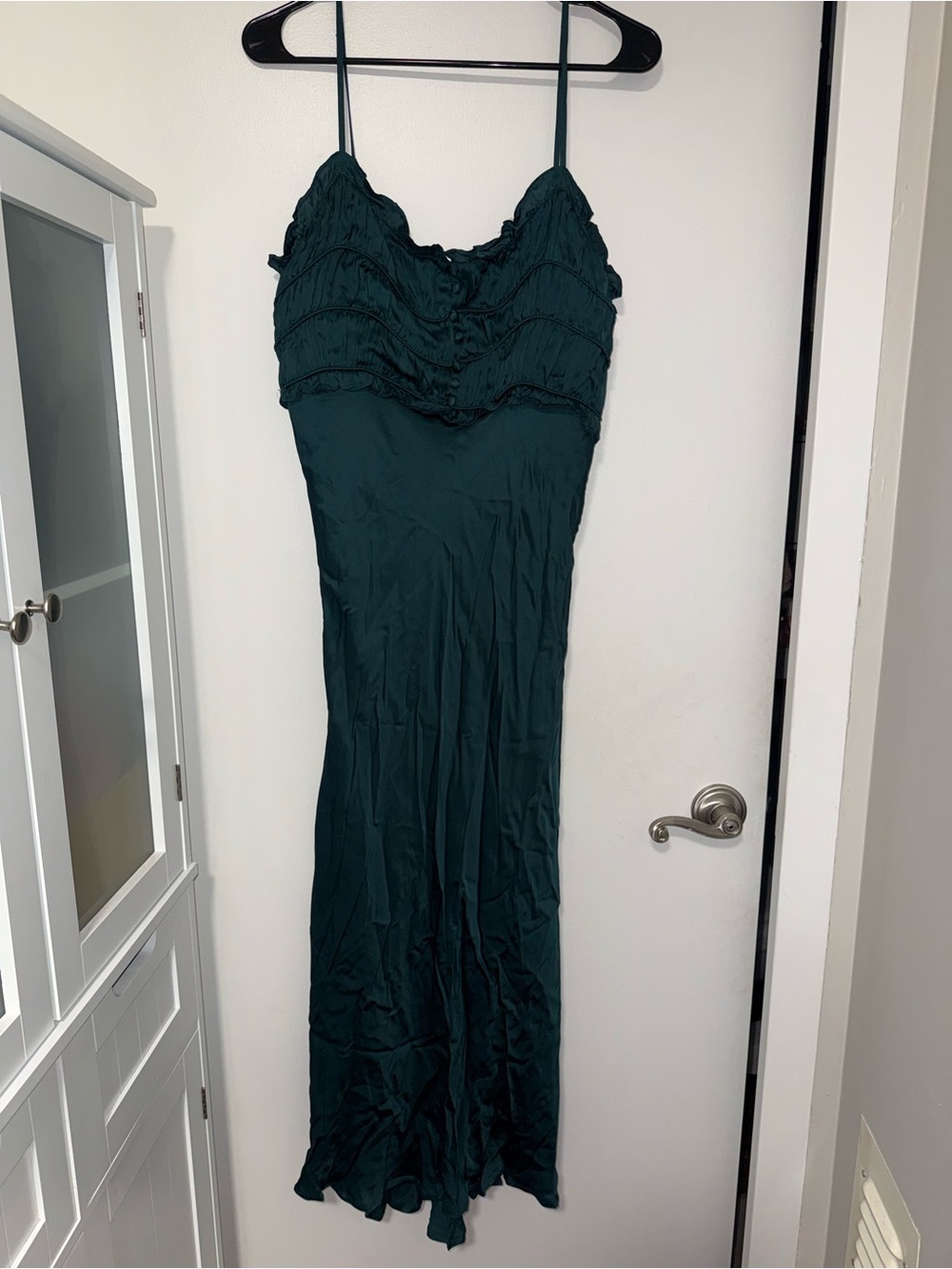 Elegant Dark Green Satin Slip Dress with Ruching